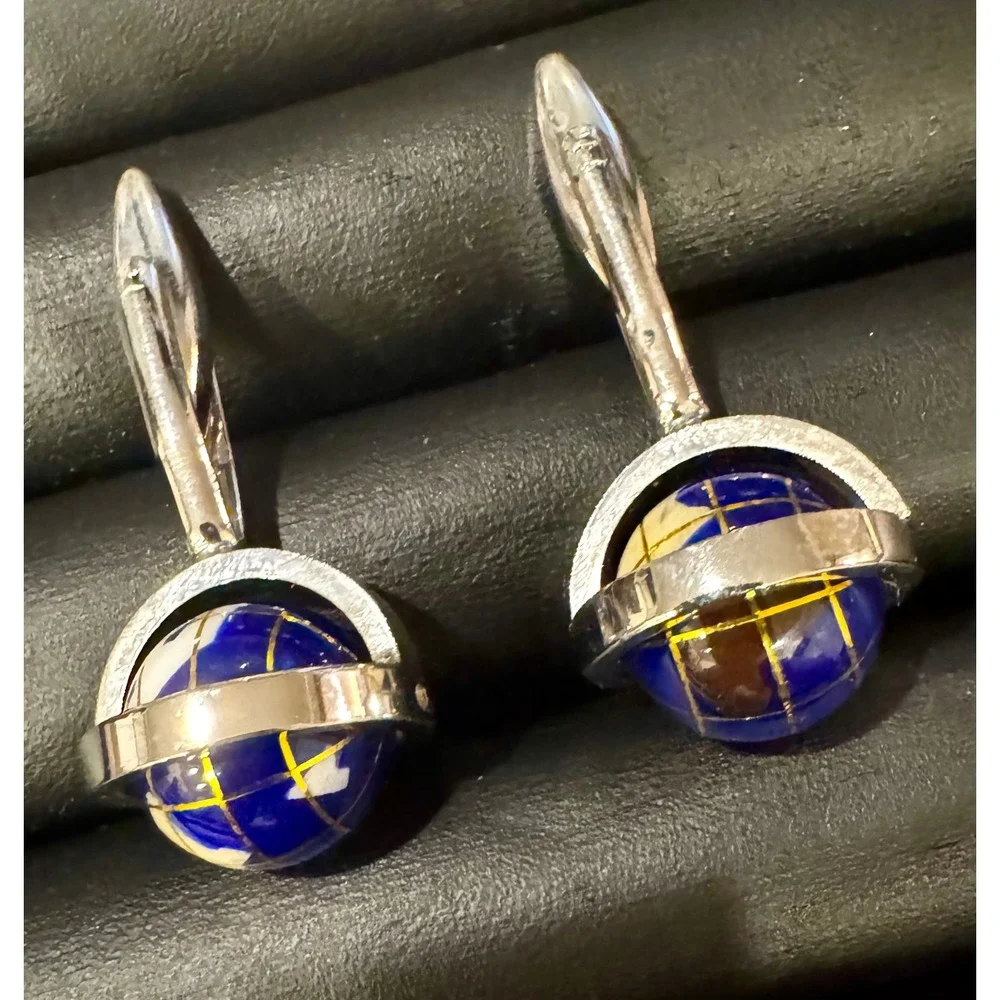 Vintage Silver Tone Blue Globe Cufflinks World Map Travel Theme Mens Jewelry